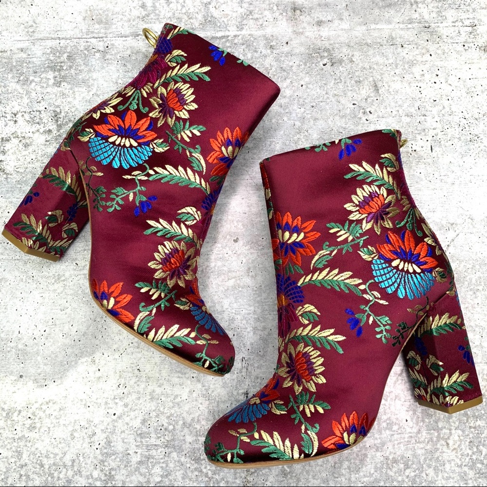 Joie Floral Embroidered Ankle Boots - Burgundy and Multicolor
